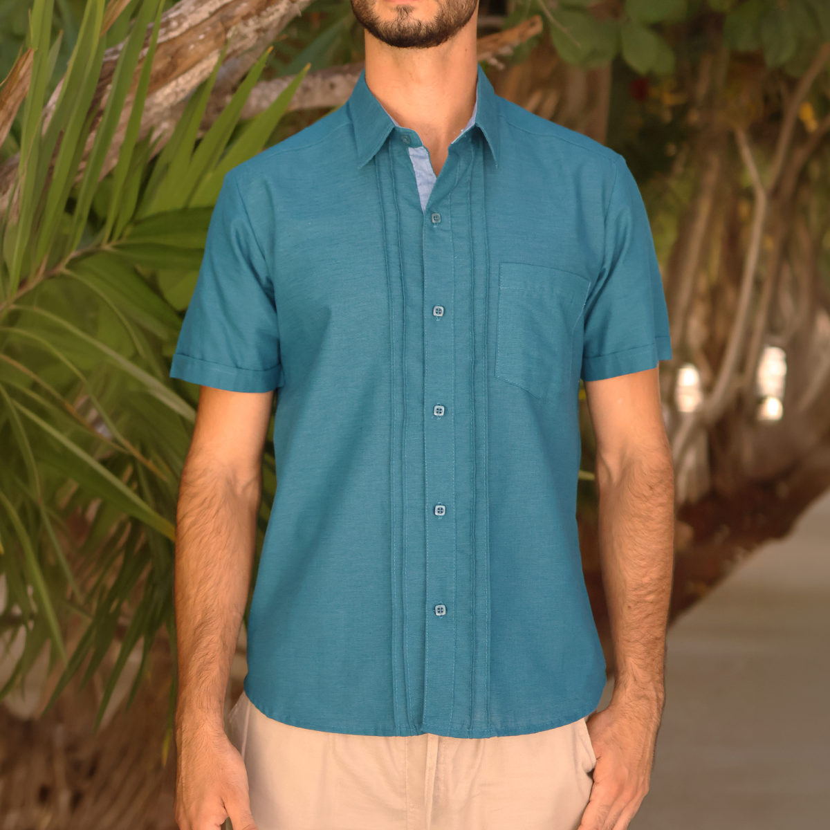 Camisa Guayabera de Manga Corta Color verde Petróleo
