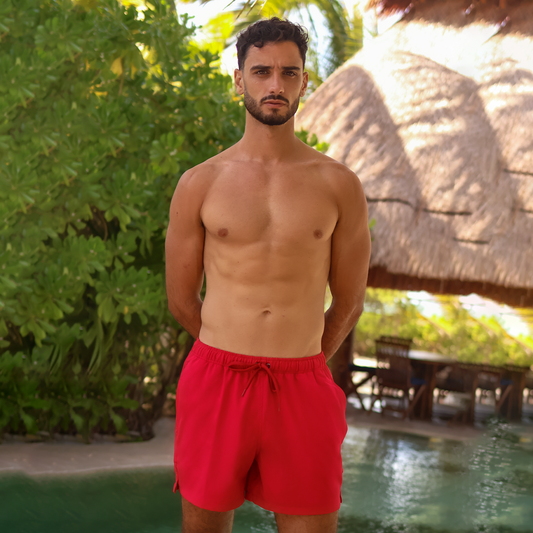 Bañador Color Rojo Con Bolsas Elástico Y Cordón Ajustable Liso Para Hombre