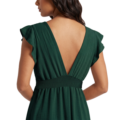 Vestido Mujer Verde Largo Escote V Ajuste Elástico Espalda Casual