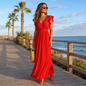 Vestido Rojo Largo Mujer Escote V Tela Ligera y Cómoda