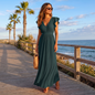 Vestido Mujer Verde Largo Escote V Ajuste Elástico Espalda Casual