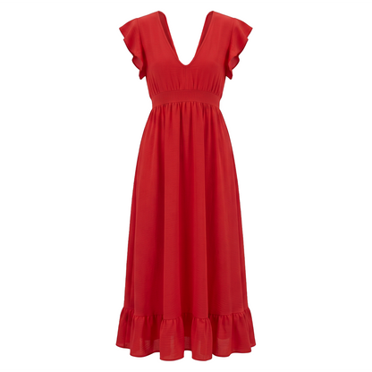 Vestido Rojo Largo Mujer Escote V Tela Ligera y Cómoda