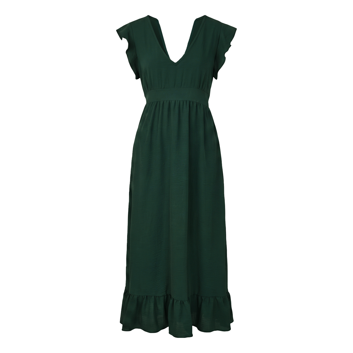 Vestido Mujer Verde Largo Escote V Ajuste Elástico Espalda Casual