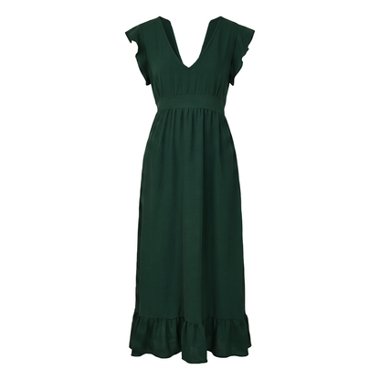 Vestido Mujer Verde Largo Escote V Ajuste Elástico Espalda Casual
