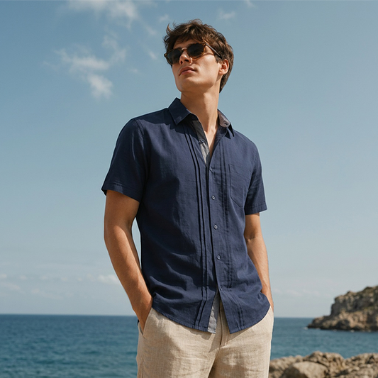 Camisa tipo lino manga corta azul marino