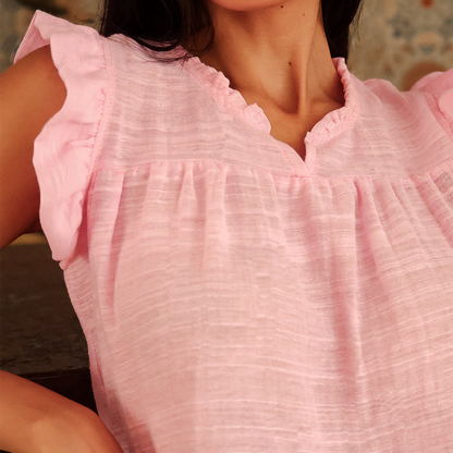 Blusa Rosa Mujer Casual Elegante Con Olanes En Manga Y Algodón