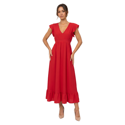 Vestido Rojo Largo Mujer Escote V Tela Ligera y Cómoda