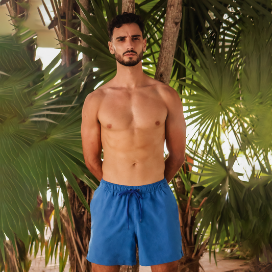 Bañador Color Azul Con Bolsas Elástico Y Cordón Ajustable Liso Para Hombre