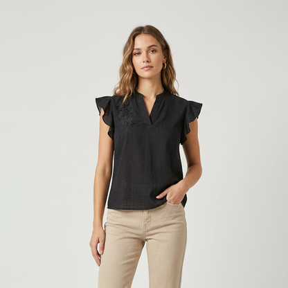 Blusa Negra Mujer Cuello Mao Diseño Artesanal Algodón Ligero