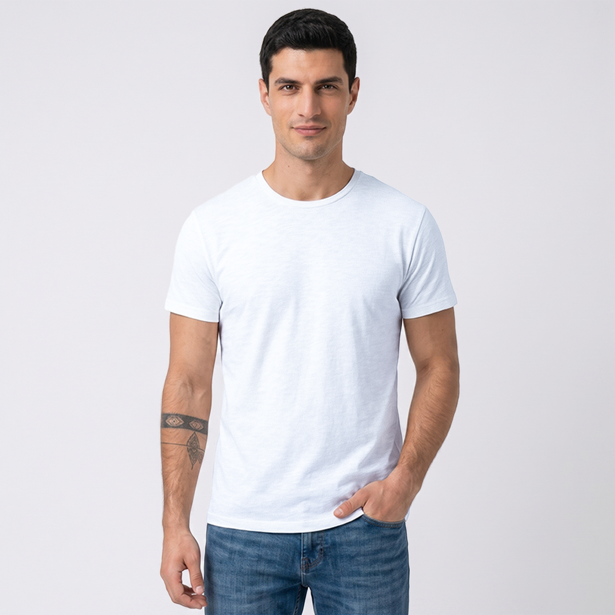 Men's Basic Muscle Fit White Cotton Crew Neck T-Shirt