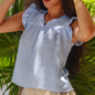 Blusa Azul Cielo Mujer De Algodón Manga Corta Con Olanes Ultra Ligera