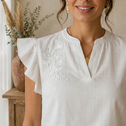Blusa Blanca Mujer Algodón Cuello Mao con Bordado Artesanal en Pecho
