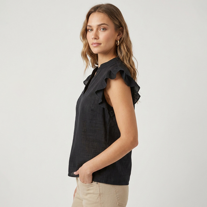 Blusa Negra Mujer Cuello Mao Diseño Artesanal Algodón Ligero
