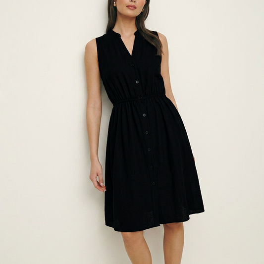 Vestido Negro Sin Mangas con Botones Frontales