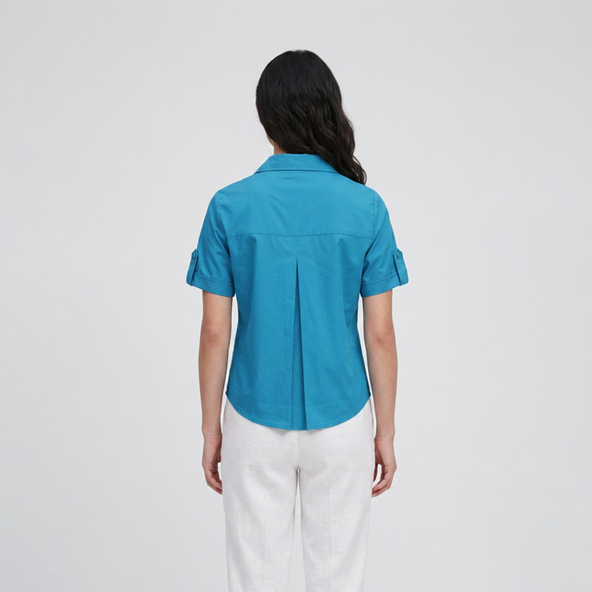 Blusa de Manga Corta con Cuello Solapa Verde Petroleo