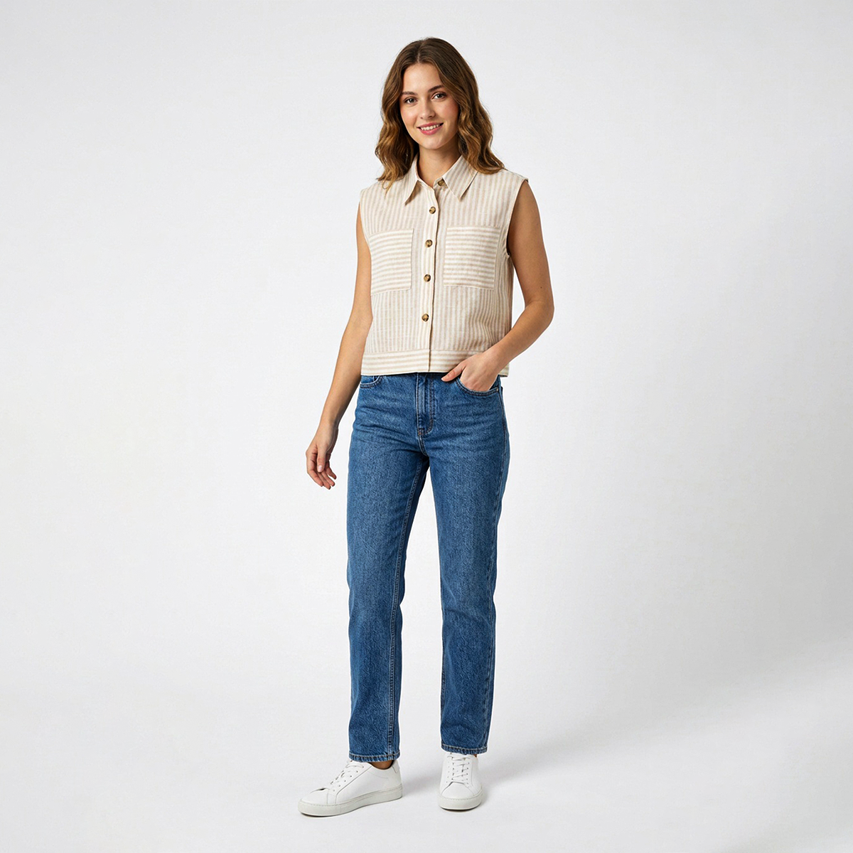 Blusa Mujer Camisera Sisada Con Rayas Verticales Y Bolsillos