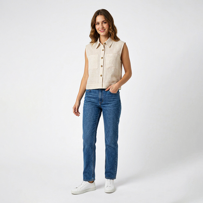 Blusa Mujer Camisera Sisada Con Rayas Verticales Y Bolsillos
