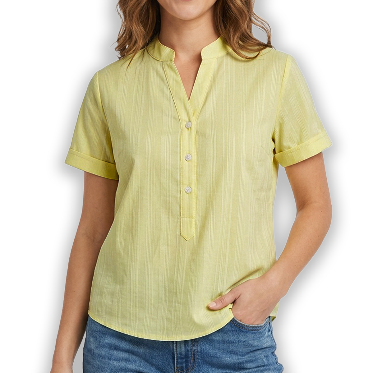 Blusa de Manga Corta con Cuello Mao Amarilla