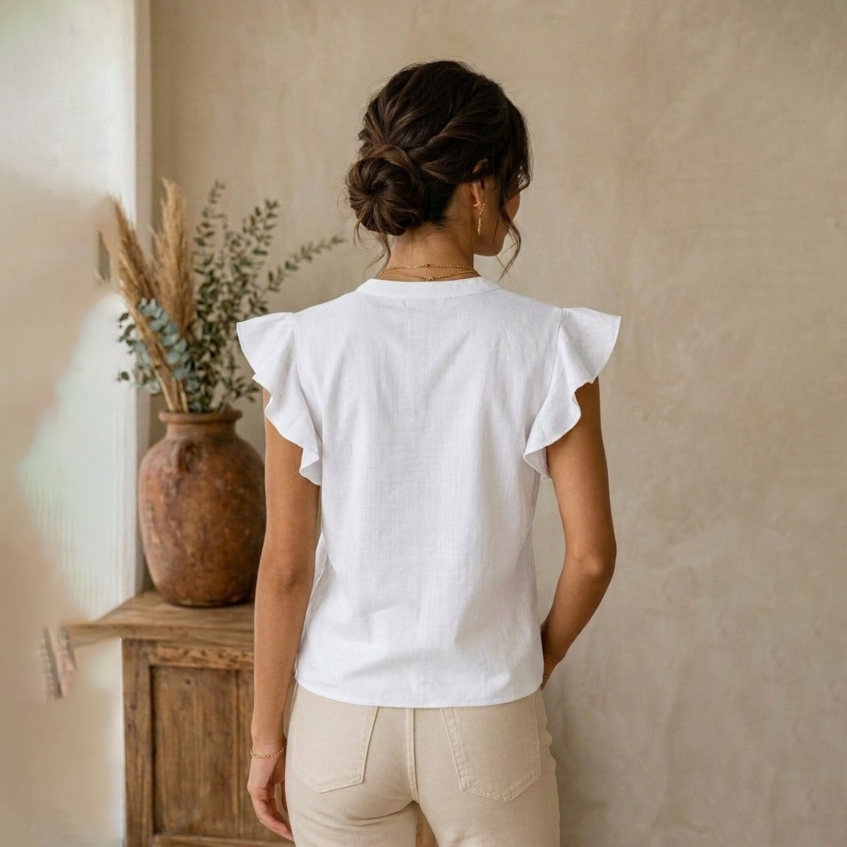 Blusa Blanca Mujer Algodón Cuello Mao con Bordado Artesanal en Pecho