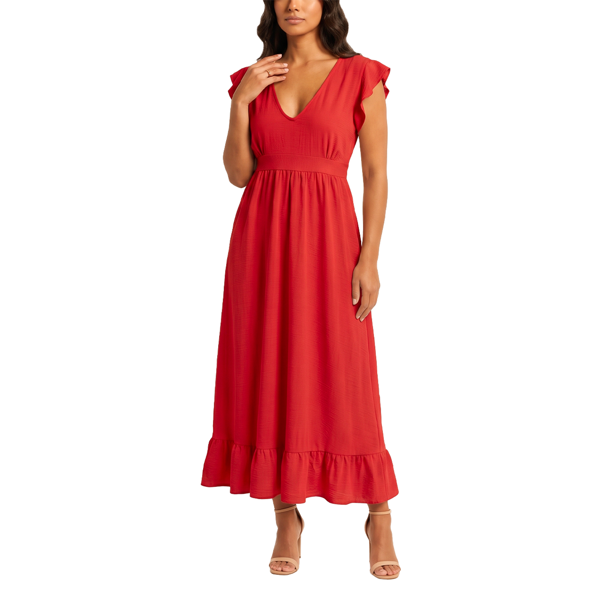 Vestido Rojo Largo Mujer Escote V Tela Ligera y Cómoda