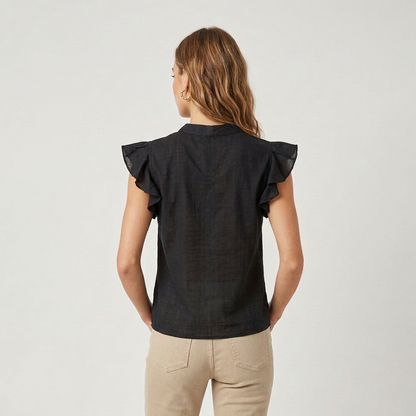 Blusa Negra Mujer Cuello Mao Diseño Artesanal Algodón Ligero