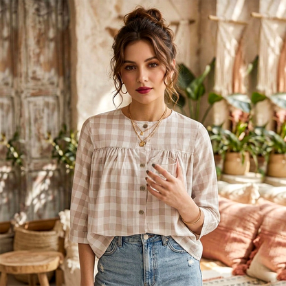 Blusa RAMS a Cuadros Beige y Blanco