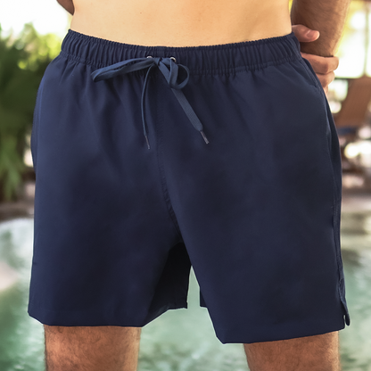 Bañador Liso Color Azul Marino Con Bolsas Elástico Ajustable Para Hombre