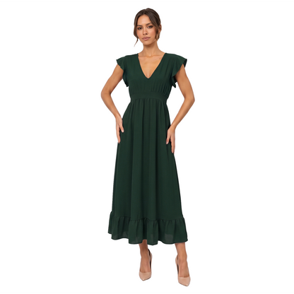 Vestido Mujer Verde Largo Escote V Ajuste Elástico Espalda Casual
