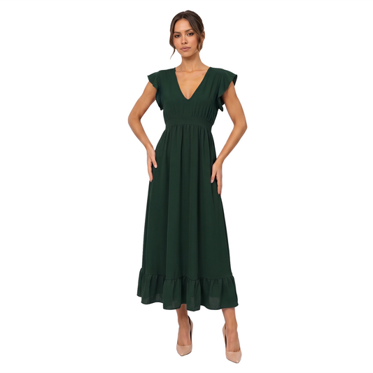 Vestido Mujer Verde Largo Escote V Ajuste Elástico Espalda Casual