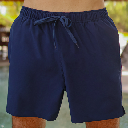 Bañador Liso Color Azul Marino Con Bolsas Elástico Ajustable Para Hombre