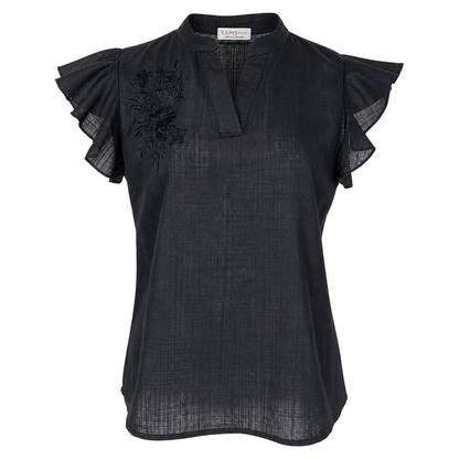 Blusa Negra Mujer Cuello Mao Diseño Artesanal Algodón Ligero