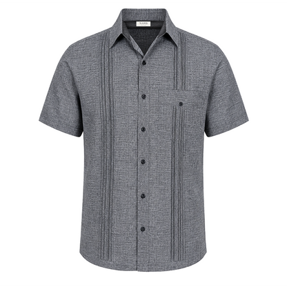 Camisa Tipo Guayabera Negro Jaspe Hombre con Alforzas y Bolsa