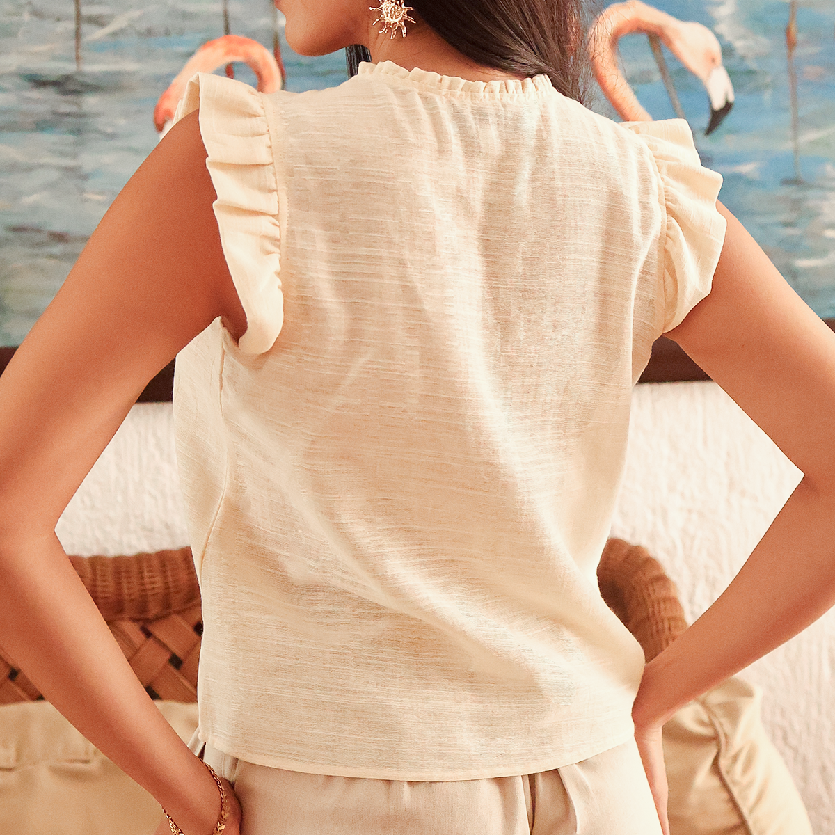 Blusa De Algodón Amarilla Para Mujer Con Detalle De Olanes Casual