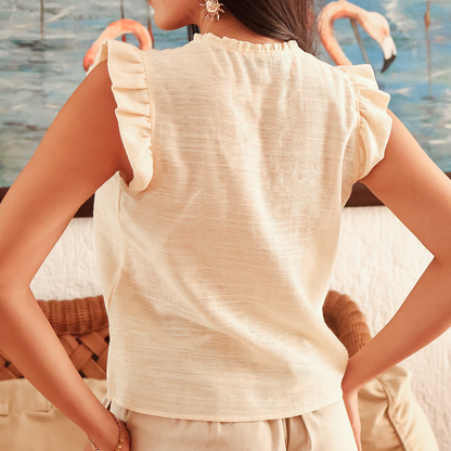 Blusa De Algodón Amarilla Para Mujer Con Detalle De Olanes Casual