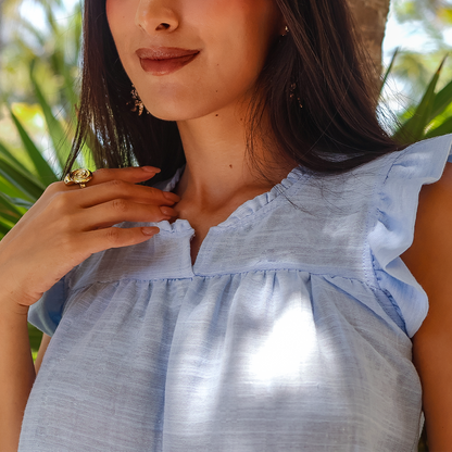 Blusa Azul Cielo Mujer De Algodón Manga Corta Con Olanes Ultra Ligera