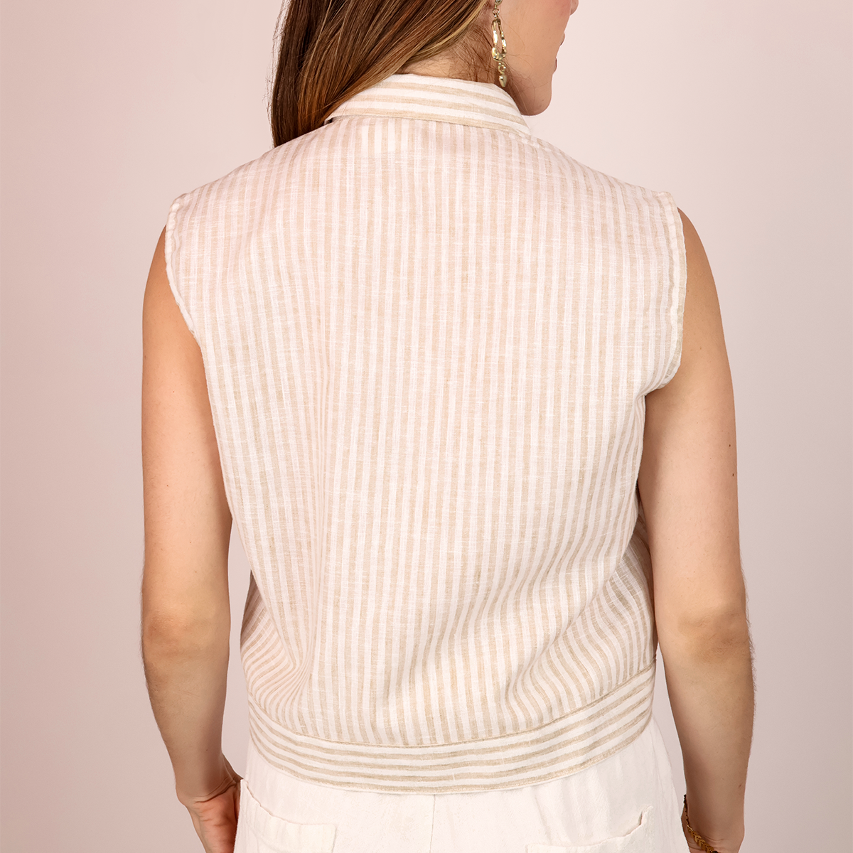Blusa Mujer Camisera Sisada Con Rayas Verticales Y Bolsillos