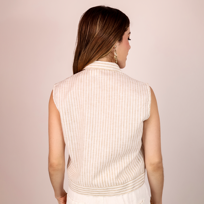 Blusa Mujer Camisera Sisada Con Rayas Verticales Y Bolsillos
