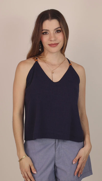Blusa Negra De Verano Mujer Tirantes Con Aplicación De Madera