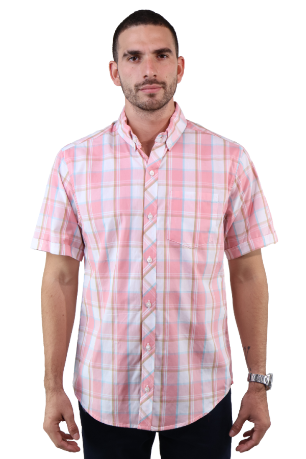 Camisa De Algodón Con Textura De Cuadros Roja Manga Corta Para Hombre - Main Image