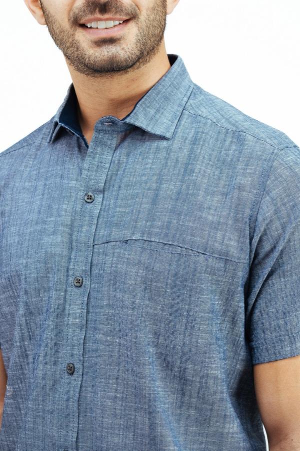 Camisa Manga Corta Color Azul Marino Jaspe Bolsa Oculta Para Hombre