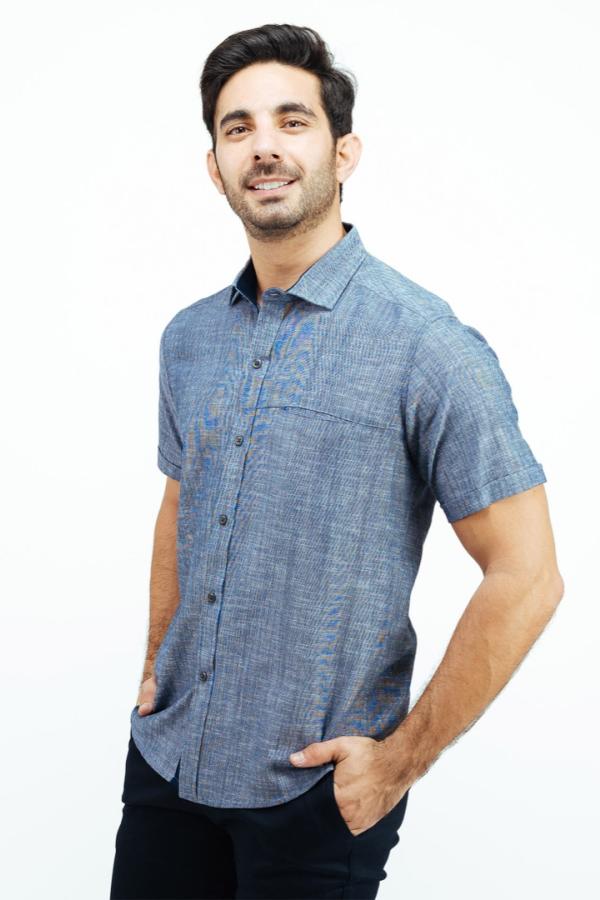 Camisa Manga Corta Color Azul Marino Jaspe Bolsa Oculta Para Hombre
